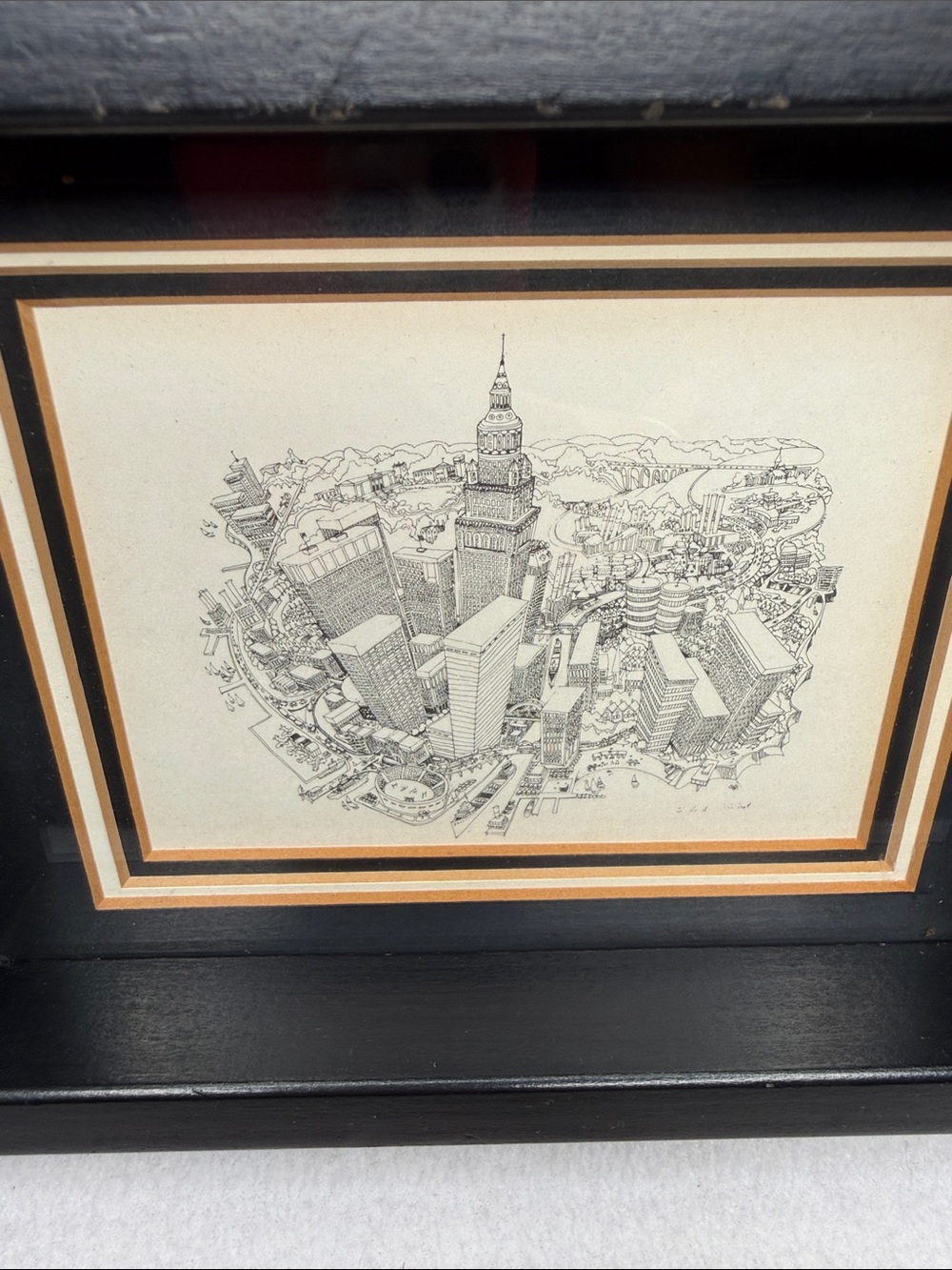 Framed Pen & Ink Cityscape Print in Black and Cream Matting
